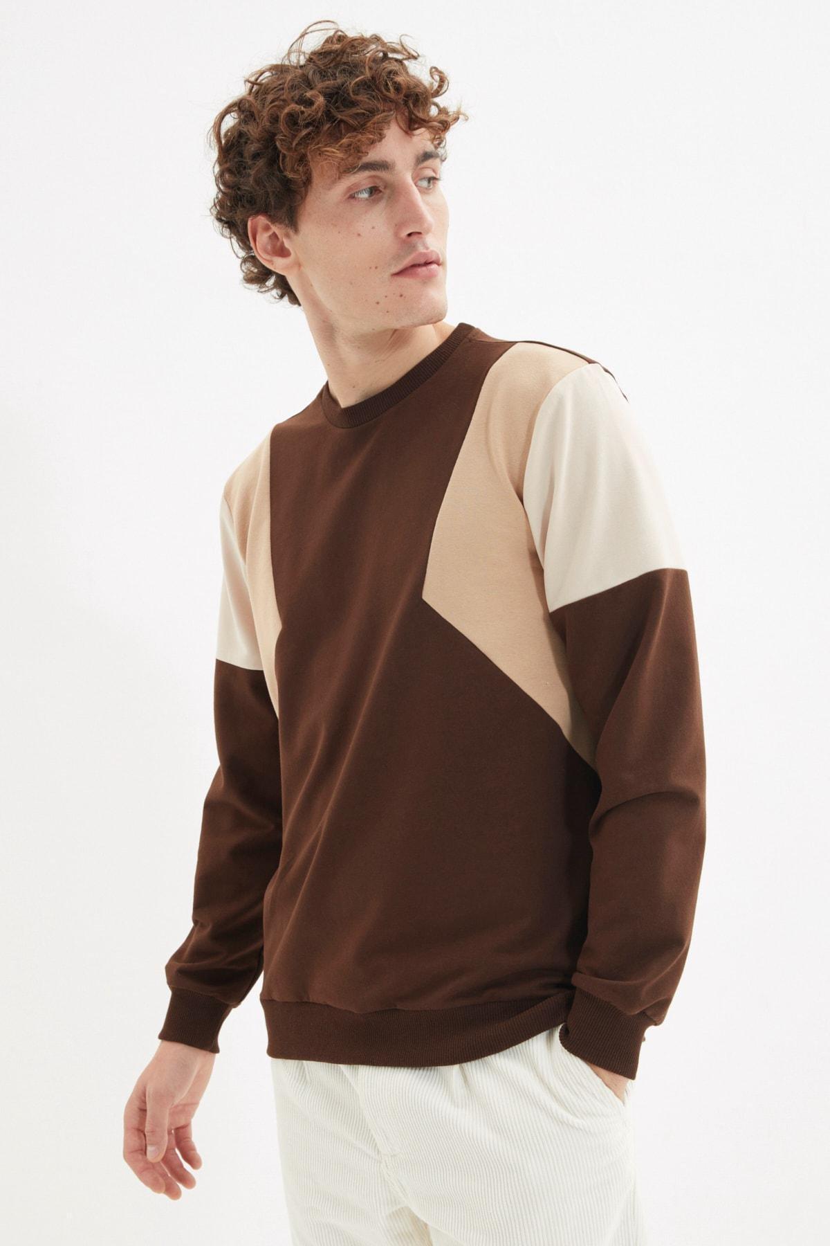 Brown Colour Block Sweatshirt, , large image number 0