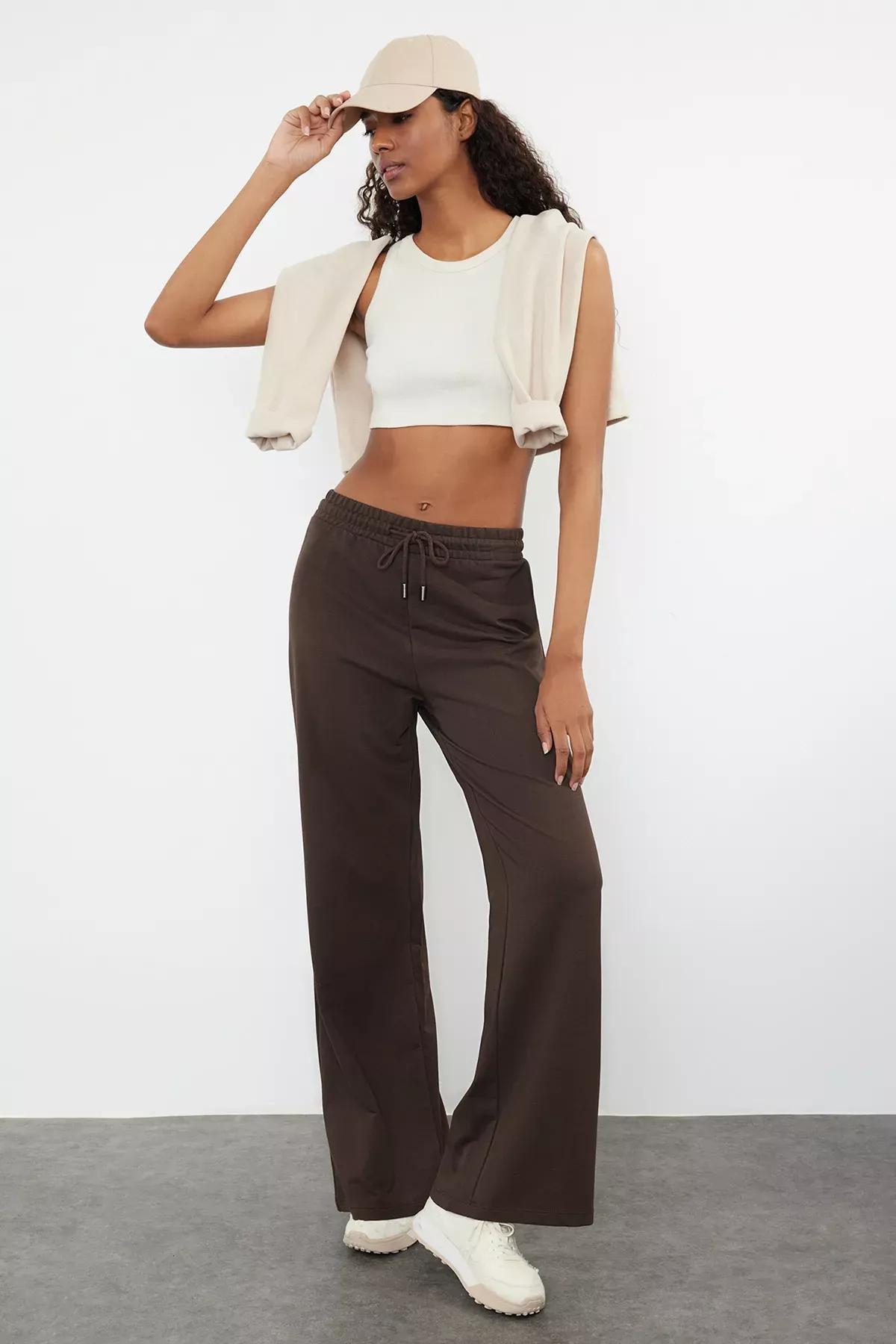 Brown Wide Leg Knit Sweatpants, Dark brown, medium