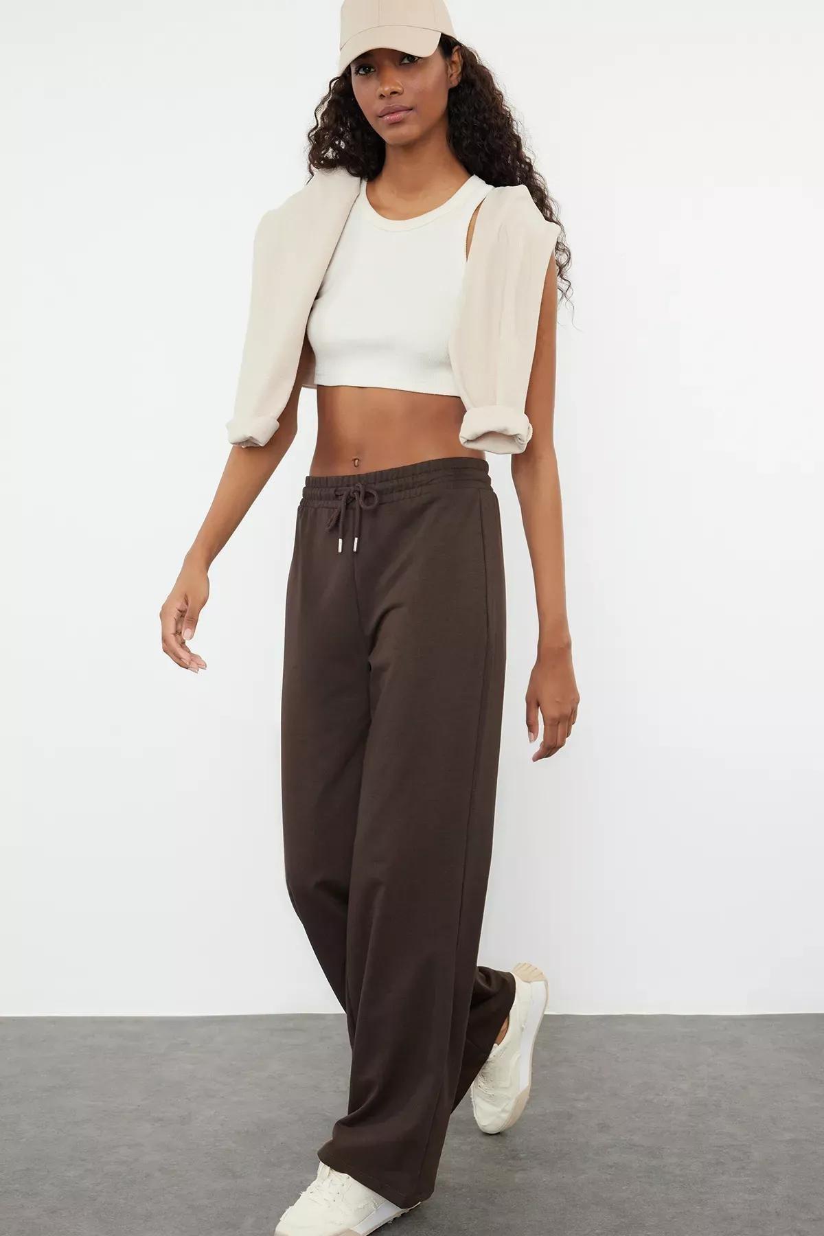 Brown Wide Leg Knit Sweatpants, Dark brown, medium