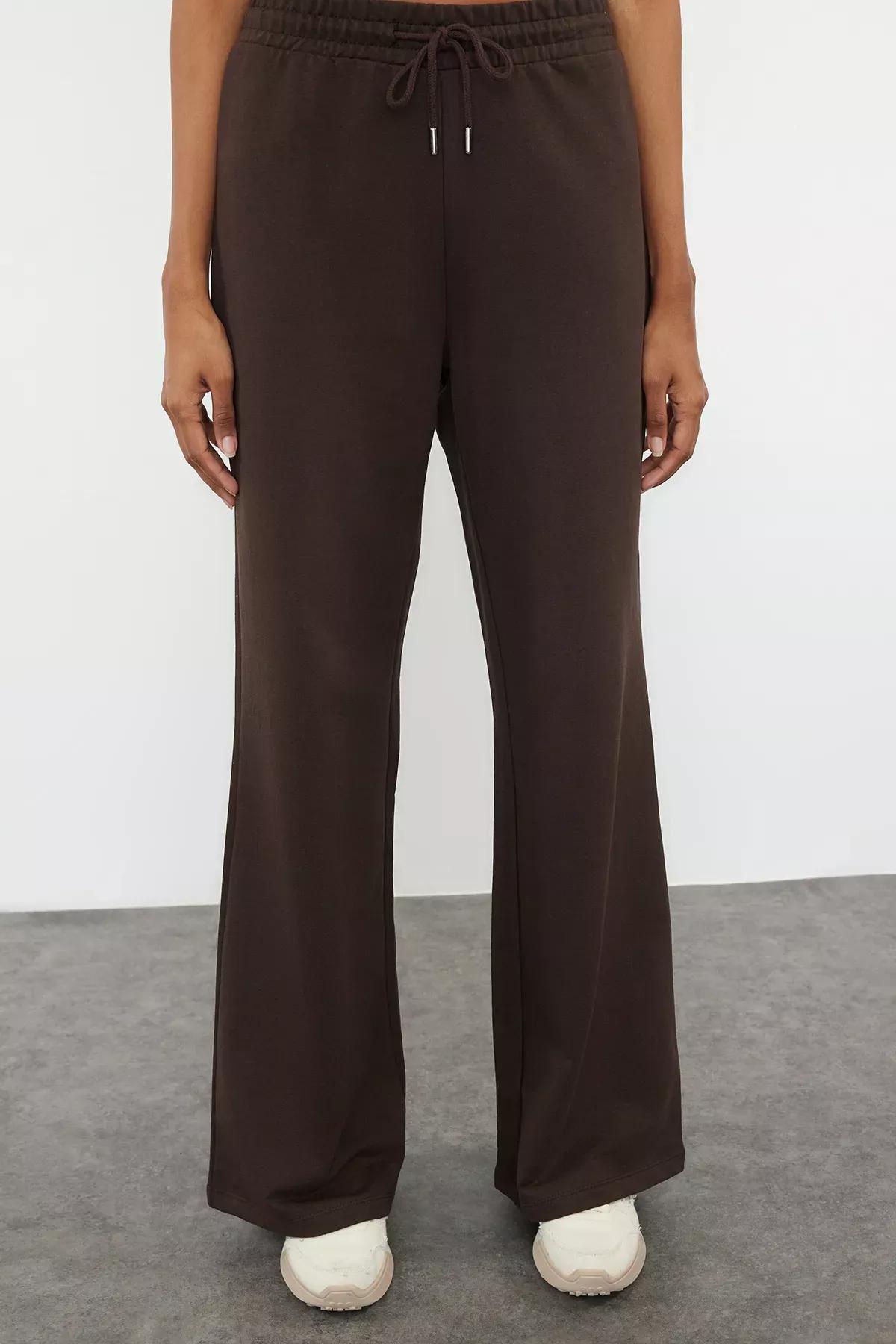 Brown Wide Leg Knit Sweatpants, Dark brown, medium