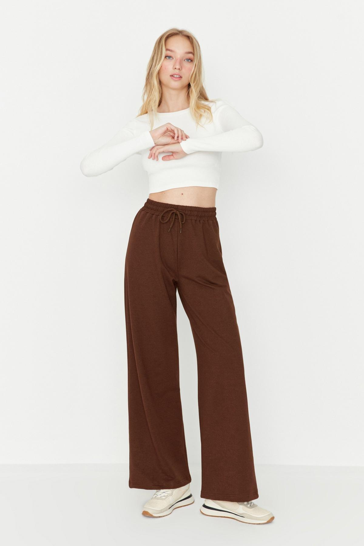 Brown Wide Leg Sweatpants, Brown, large image number 1