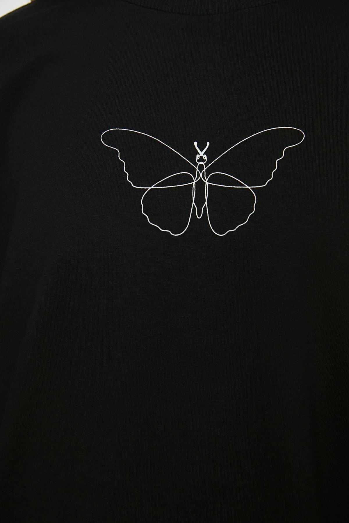 Trendyol - Black Printed Crew Neck Sweatshirt