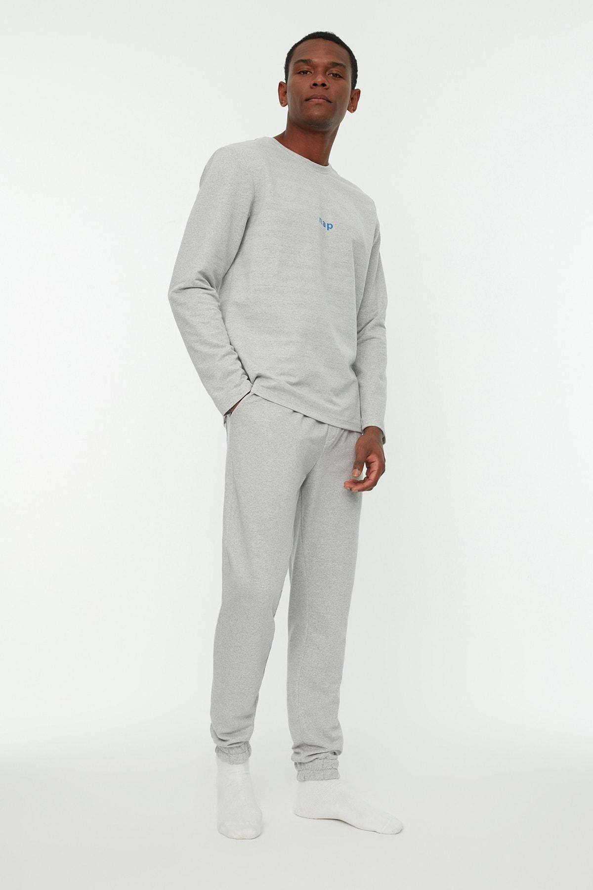 Grey Plain Mid Waist Pajama Set, , large image number 0