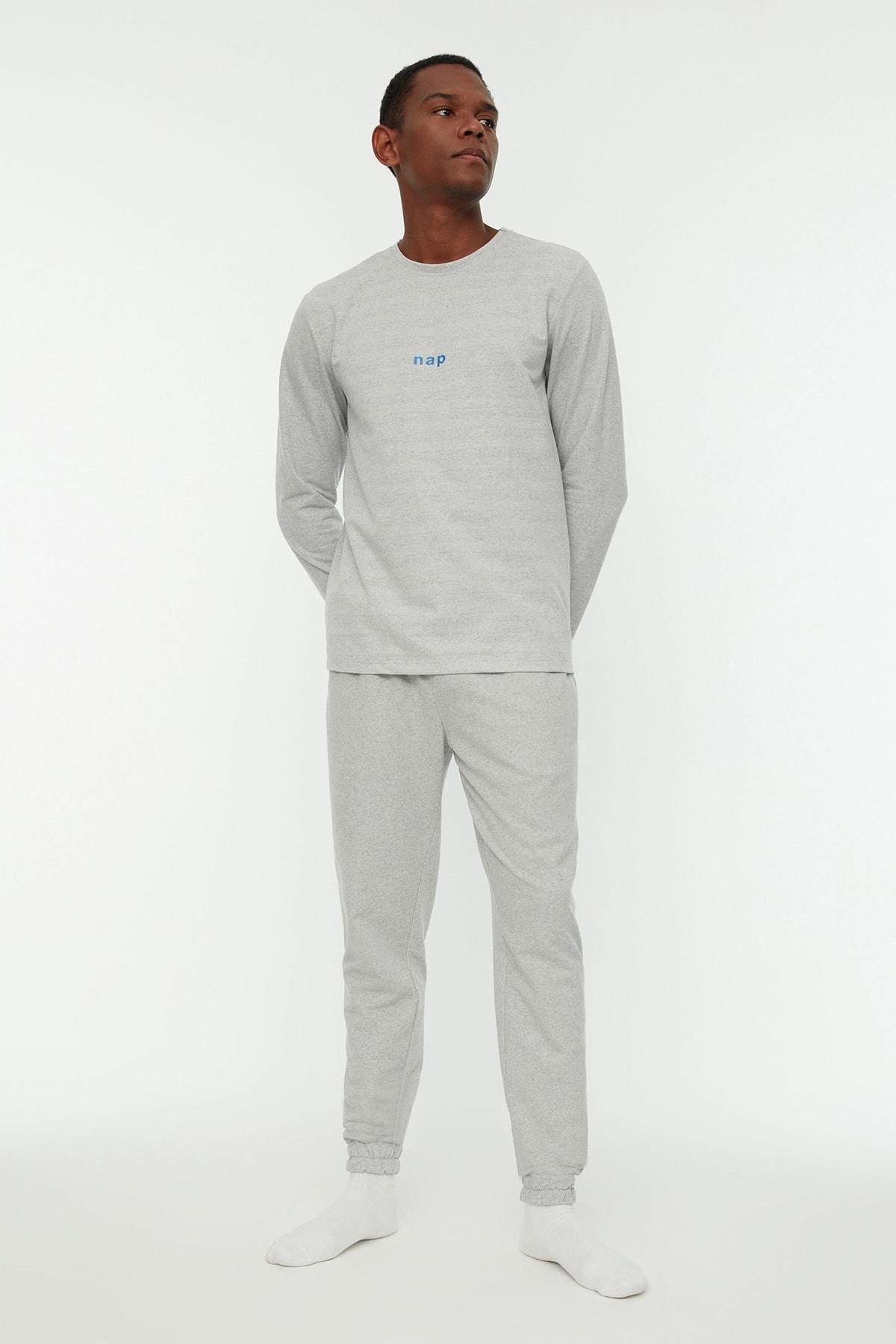 Grey Plain Mid Waist Pajama Set, , large image number 1