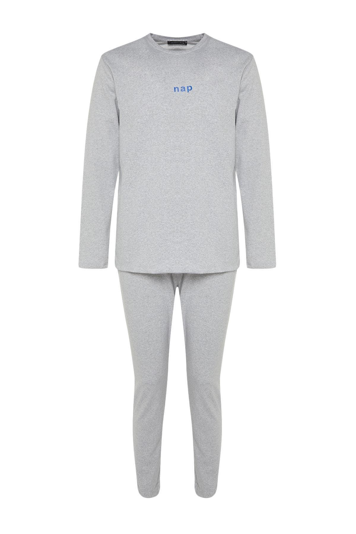 Grey Plain Mid Waist Pajama Set, , large image number 6