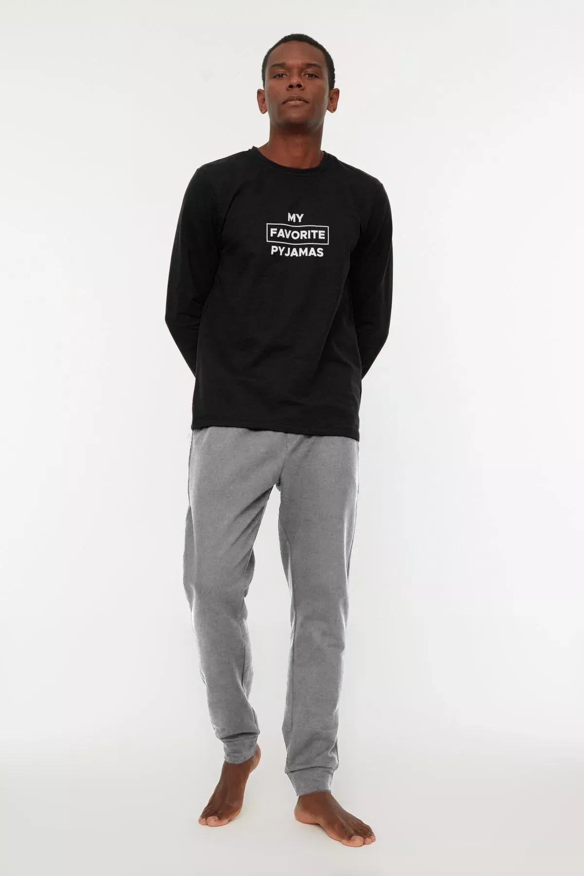 Black Printed Knitted Pyjamas Set, BLACK, medium