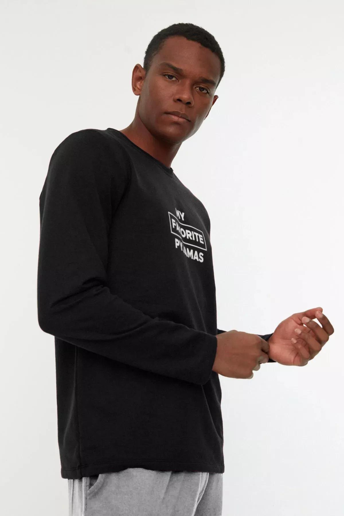 Black Printed Knitted Pyjamas Set, BLACK, medium