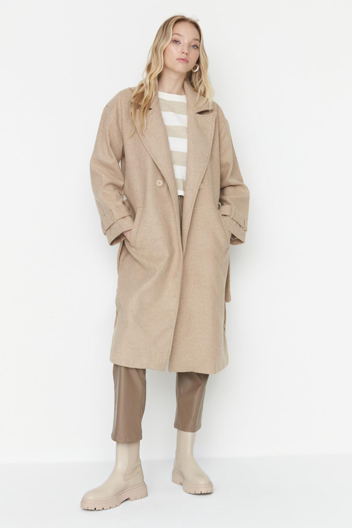 Mink Oversize Wide-Cut Belted Long Wool Cachet Coat TWOAW22KB0015, Single, , large image number 0