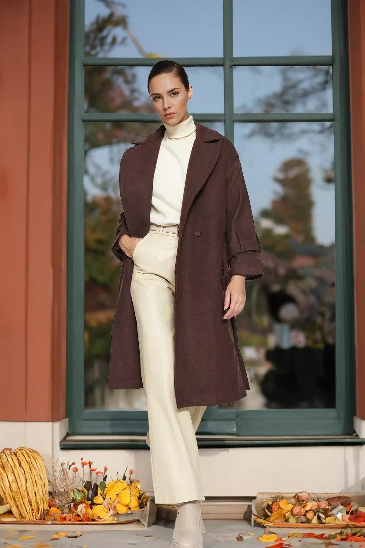 Grey Oversized Belted Long Wool Coat, , large image number 1