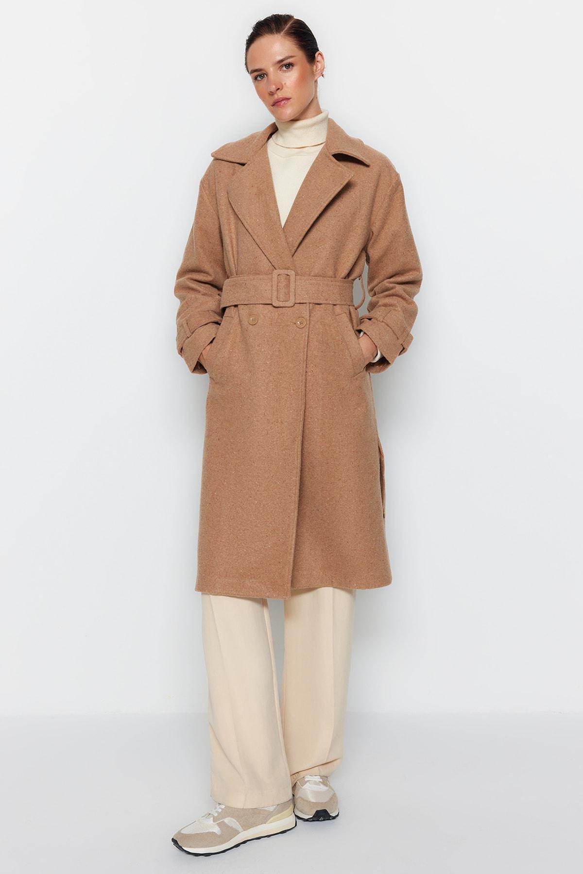 Mink Oversize Wide-Cut Belted Long Wool Cachet Coat TWOAW22KB0015, Single, , large image number 2