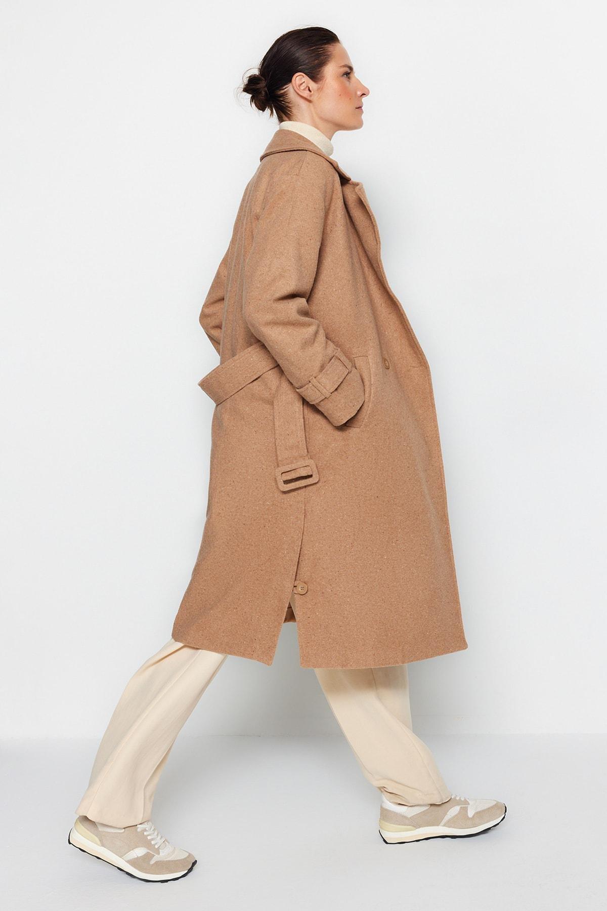 Mink Oversize Wide-Cut Belted Long Wool Cachet Coat TWOAW22KB0015, Single, , large image number 3