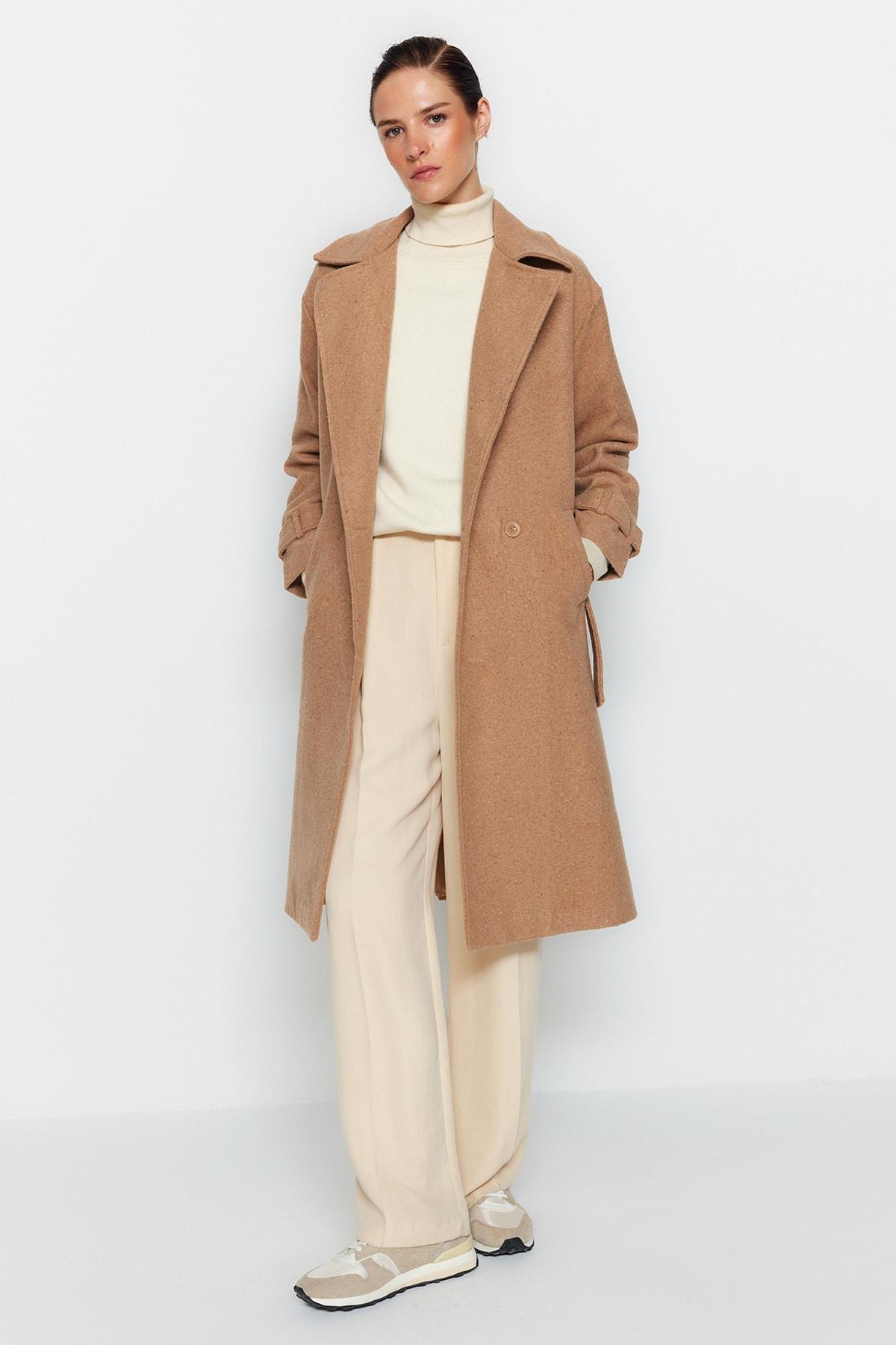 Mink Oversize Wide-Cut Belted Long Wool Cachet Coat TWOAW22KB0015, Single, , large image number 4