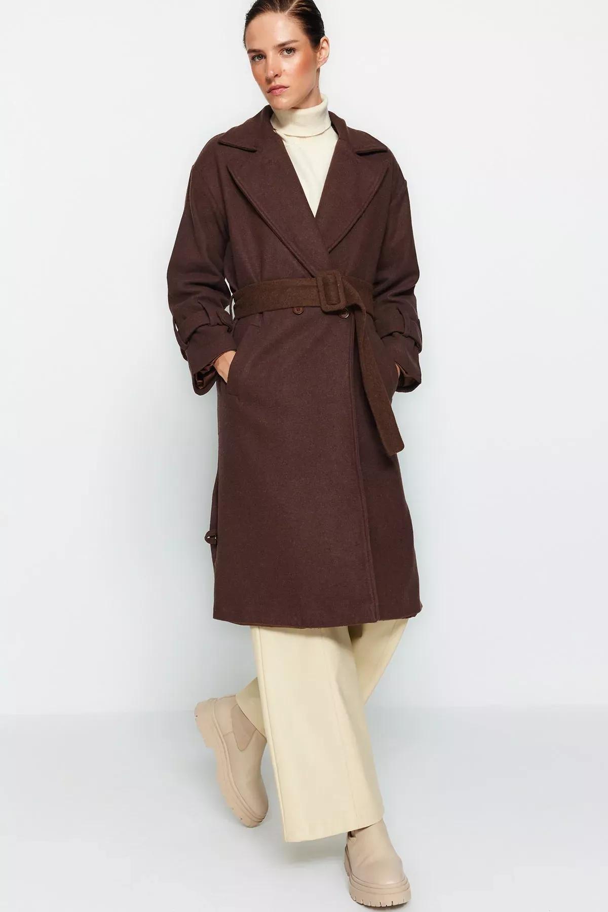 Grey Oversized Belted Long Wool Coat, , large image number 4