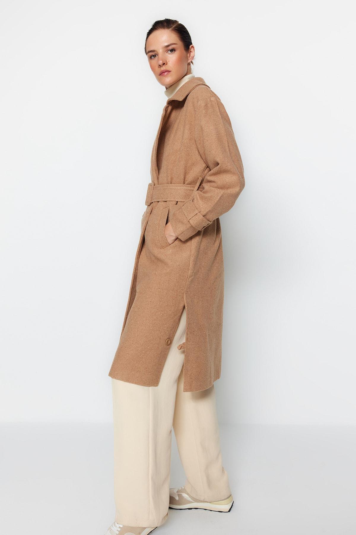 Mink Oversize Wide-Cut Belted Long Wool Cachet Coat TWOAW22KB0015, Single, , large image number 6