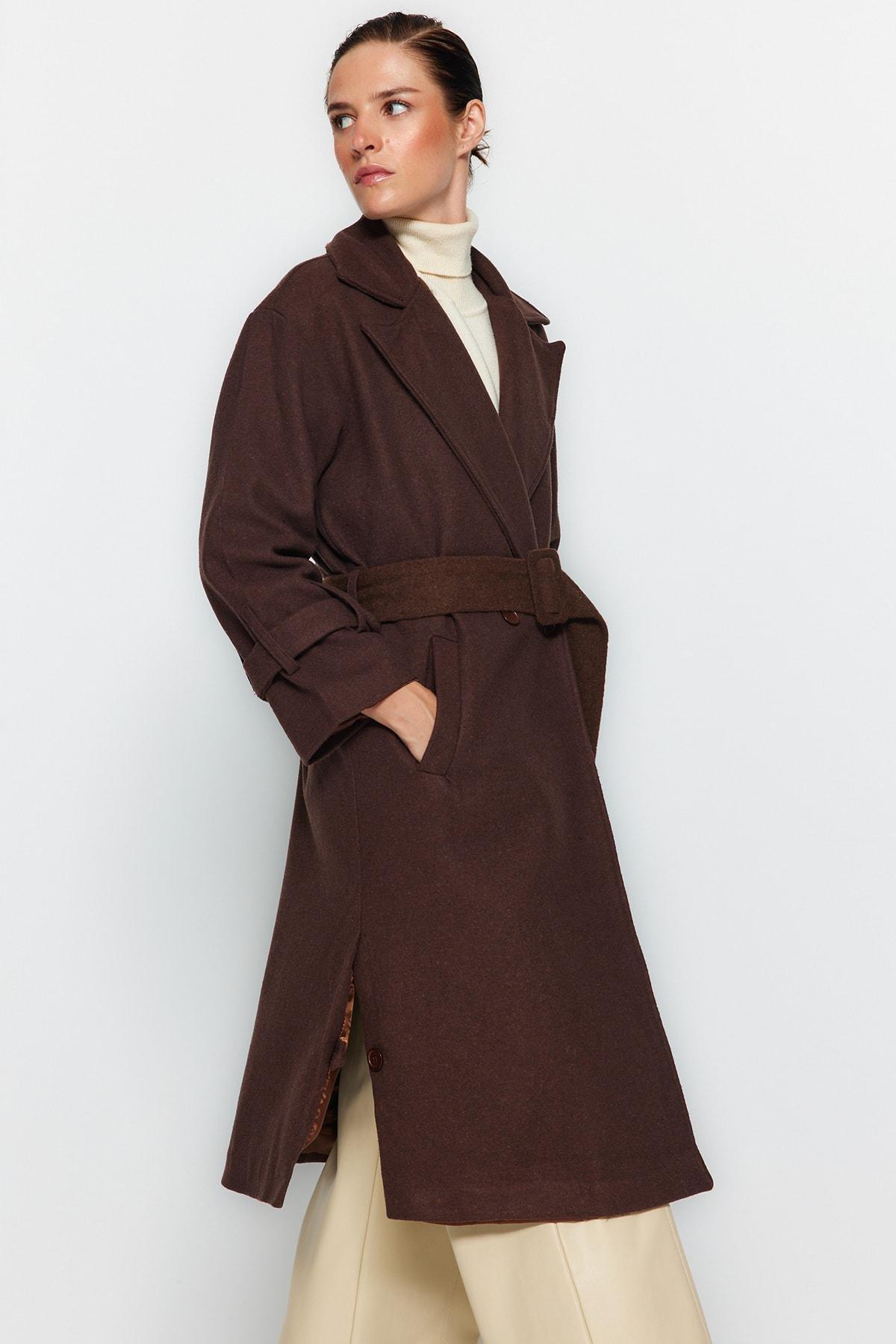 Mink Oversize Wide-Cut Belted Long Wool Cachet Coat TWOAW22KB0015, Single, , large image number 7