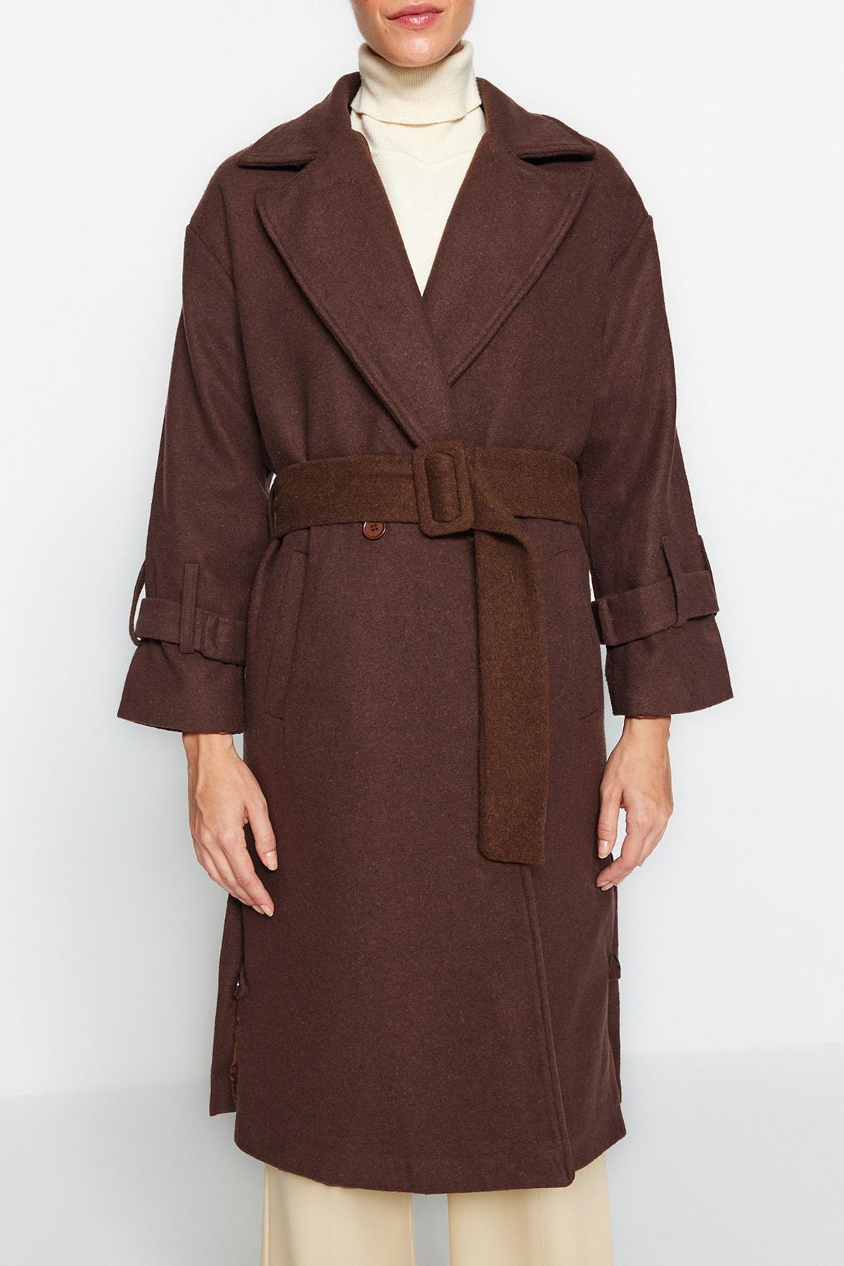 Mink Oversize Wide-Cut Belted Long Wool Cachet Coat TWOAW22KB0015, Single, , large image number 9