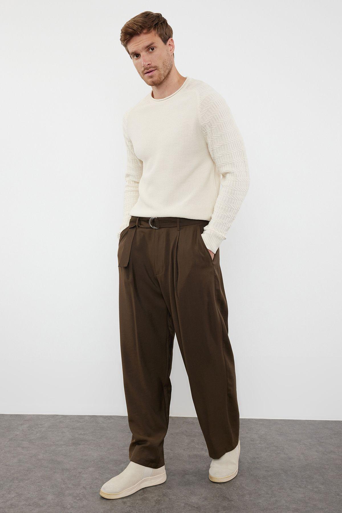 Beige Slim Crew Neck Sweater, Ecru, medium