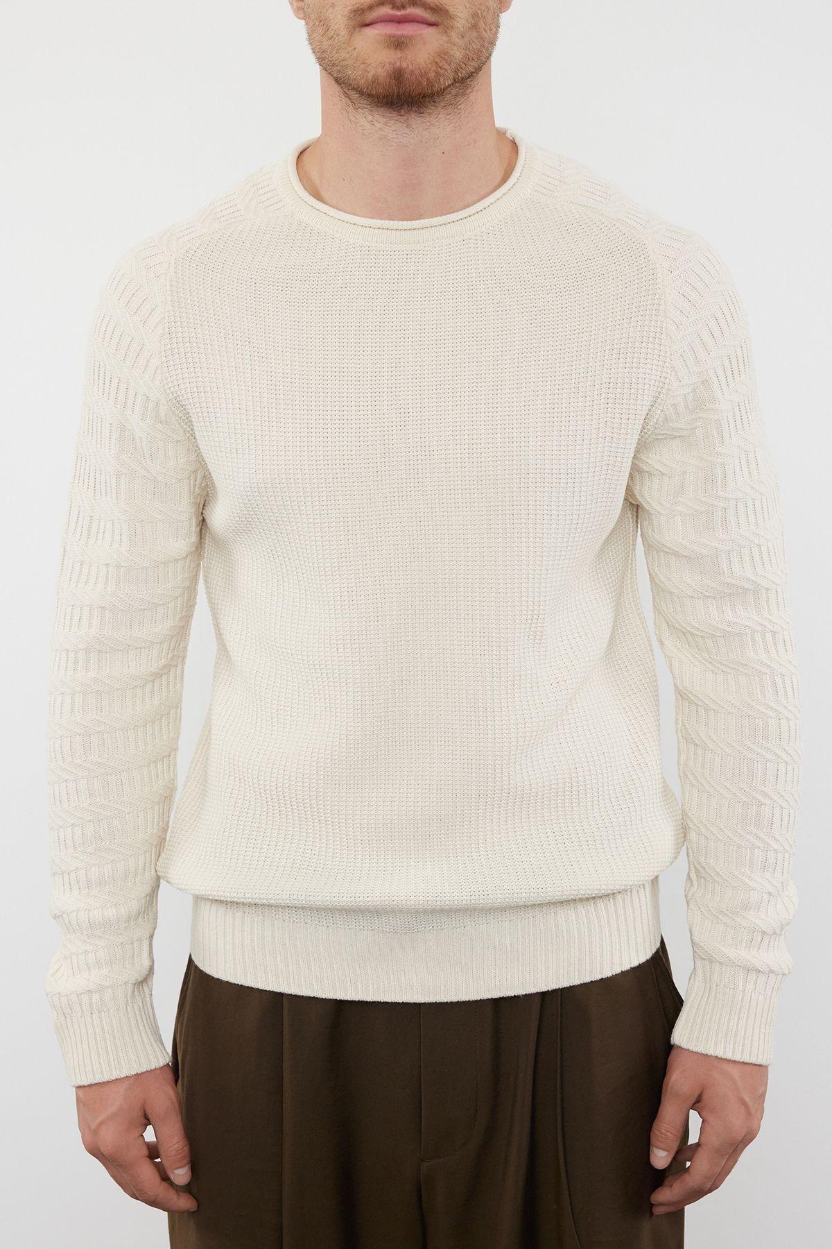 Beige Slim Crew Neck Sweater, Ecru, medium