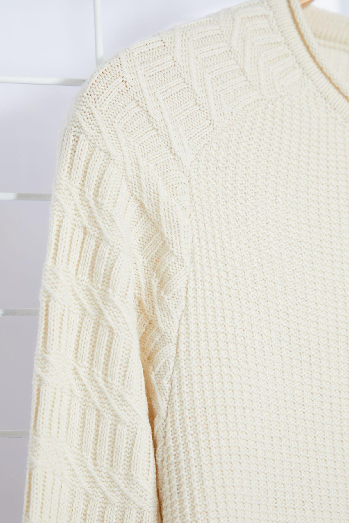 Beige Slim Crew Neck Sweater, Ecru, large image number 5