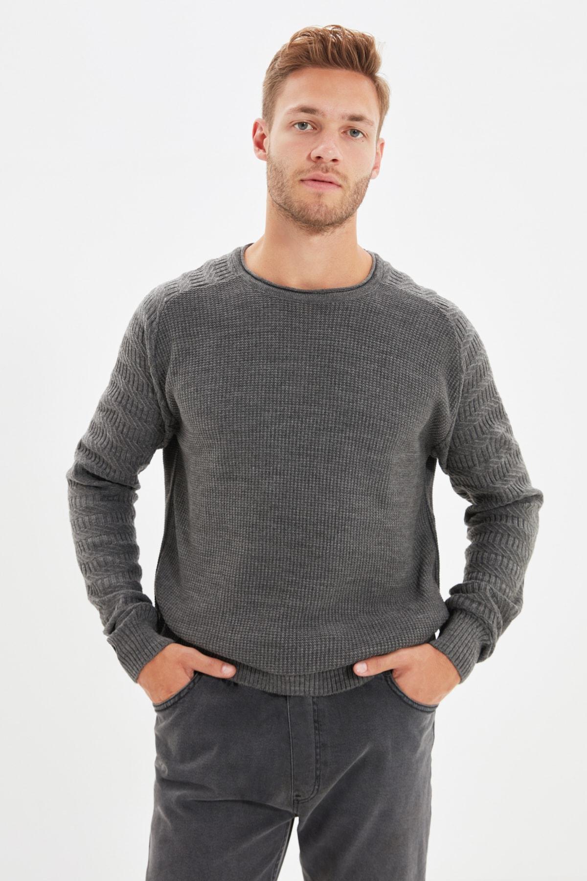 Gray Textured Patterned Knitwear Sweater, , large image number 0
