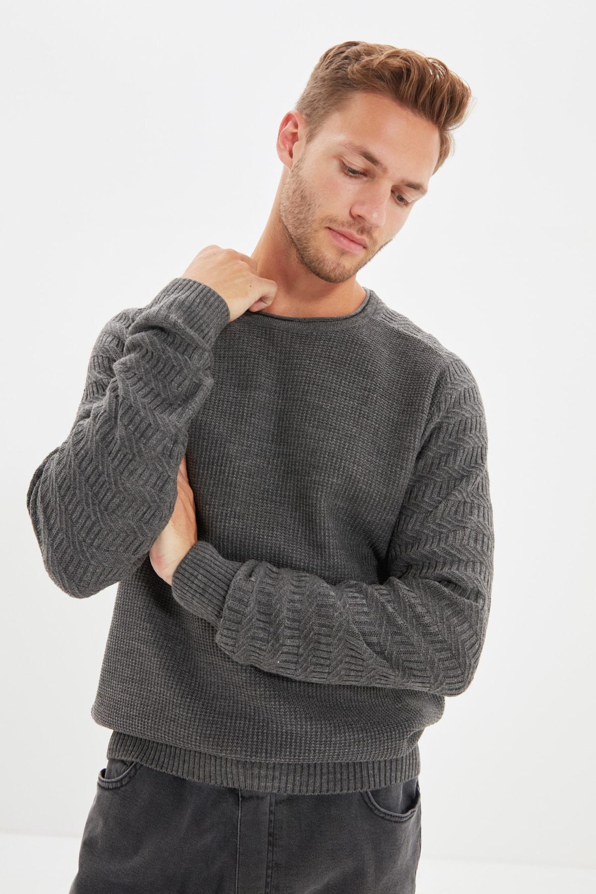 Gray Textured Patterned Knitwear Sweater, , large image number 1
