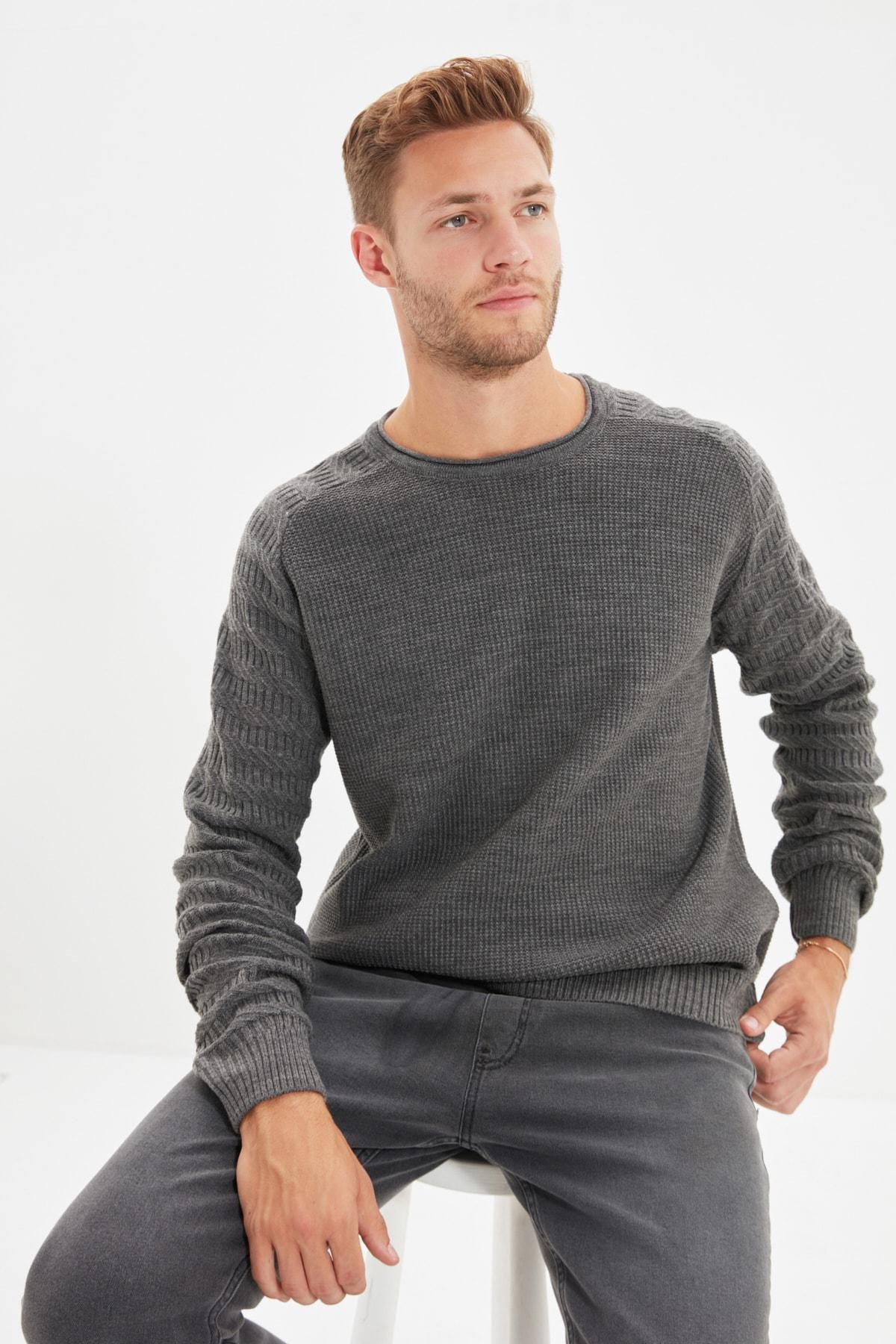 Gray Textured Patterned Knitwear Sweater, , large image number 3
