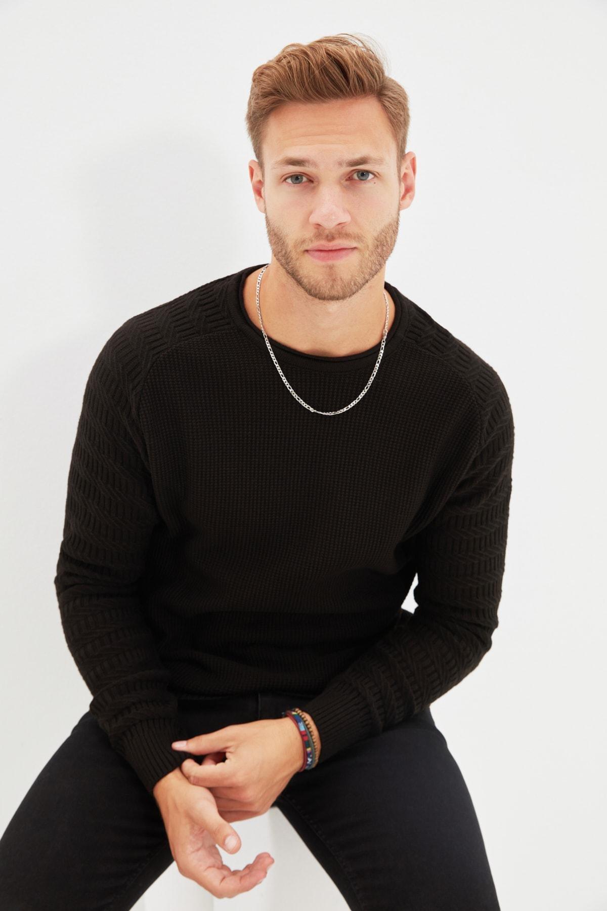 Black Slim Crew Neck Sweater, Black, medium