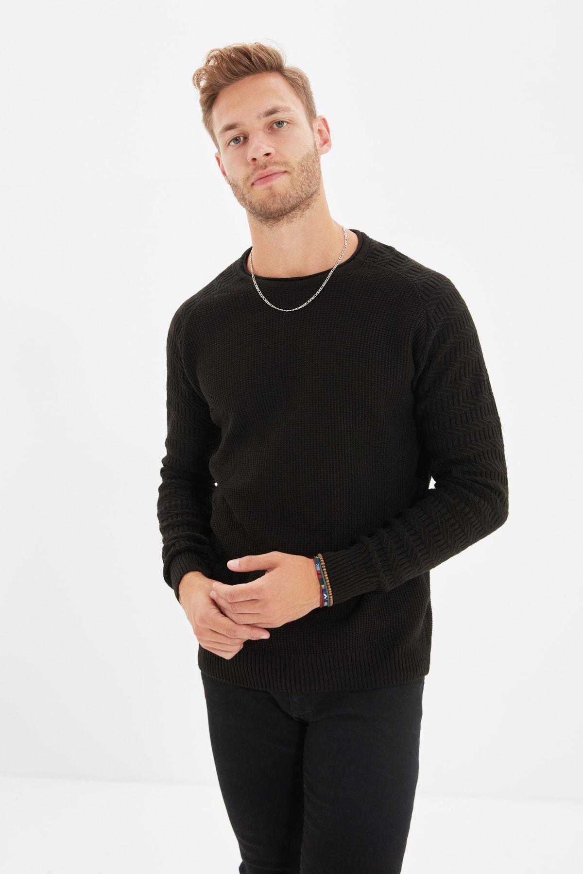 Black Slim Crew Neck Sweater, Black, large image number 1