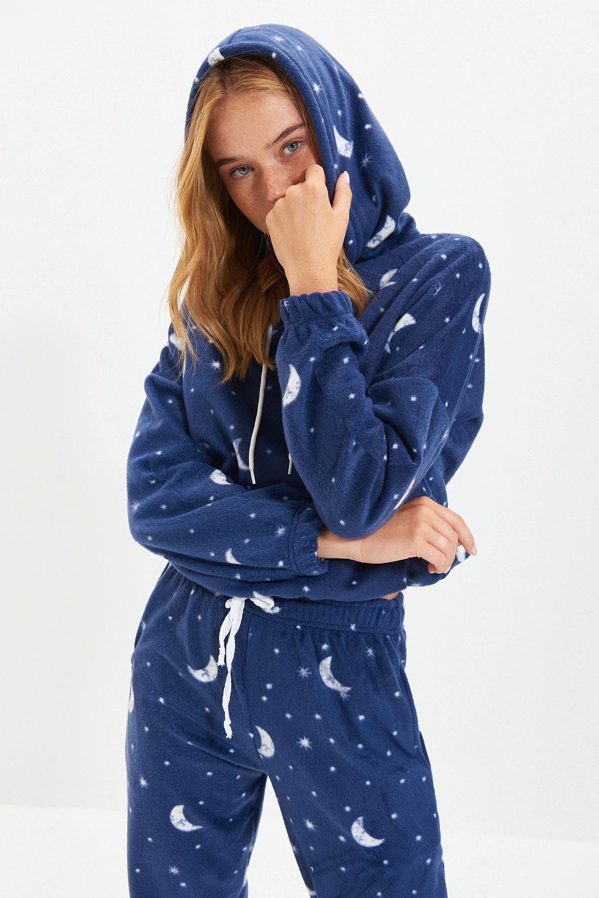 Blue Printed Hooded Pyjama Set, , large image number 0