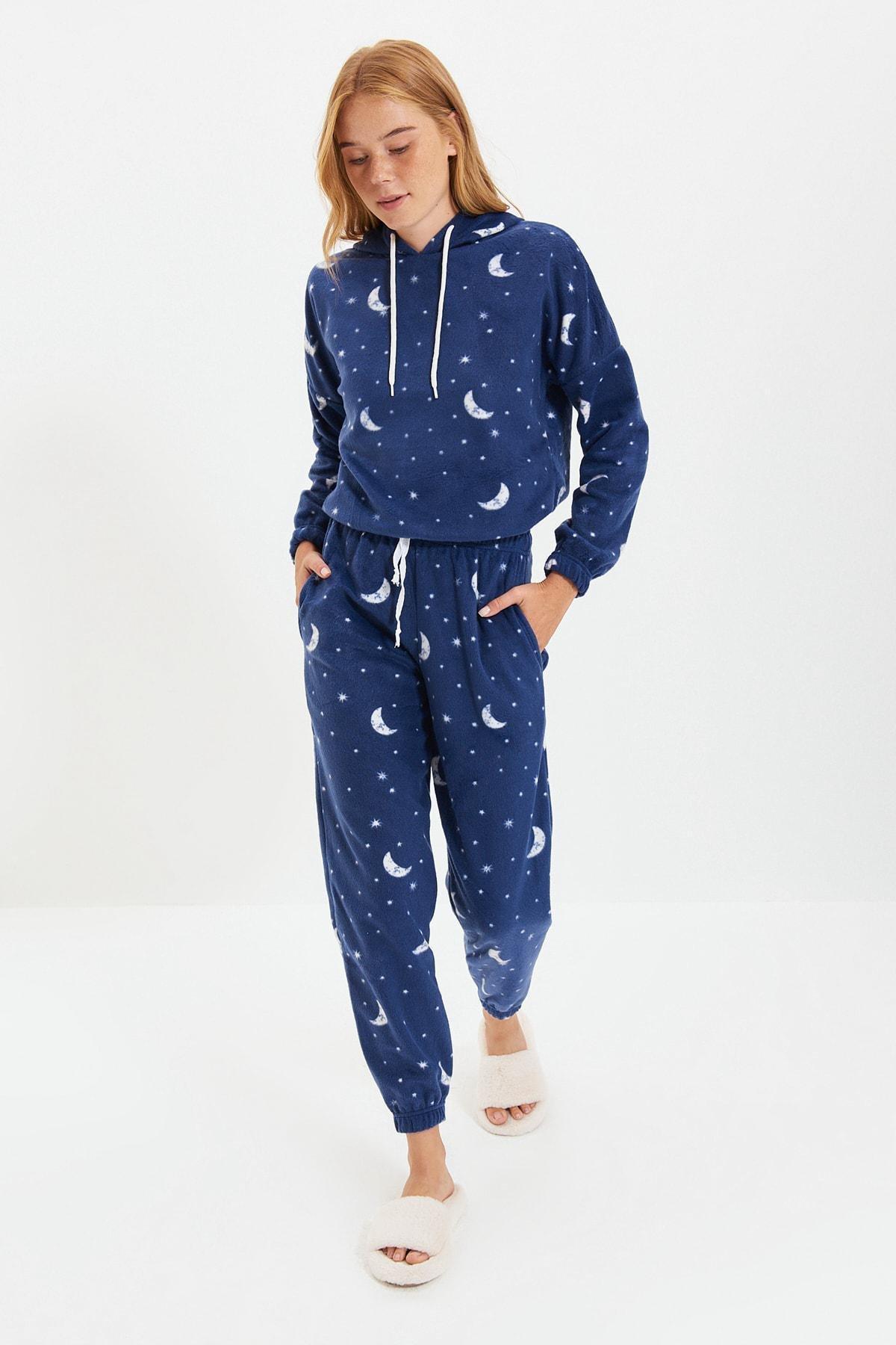 Blue Printed Hooded Pyjama Set, , large image number 1