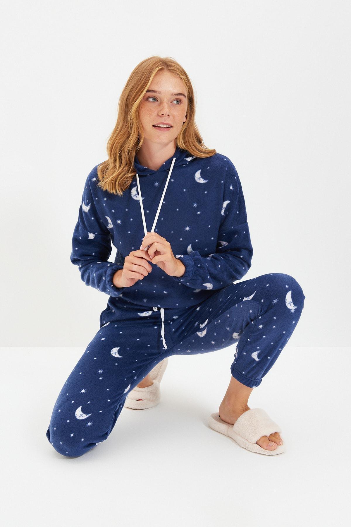 Blue Printed Hooded Pyjama Set, , large image number 2