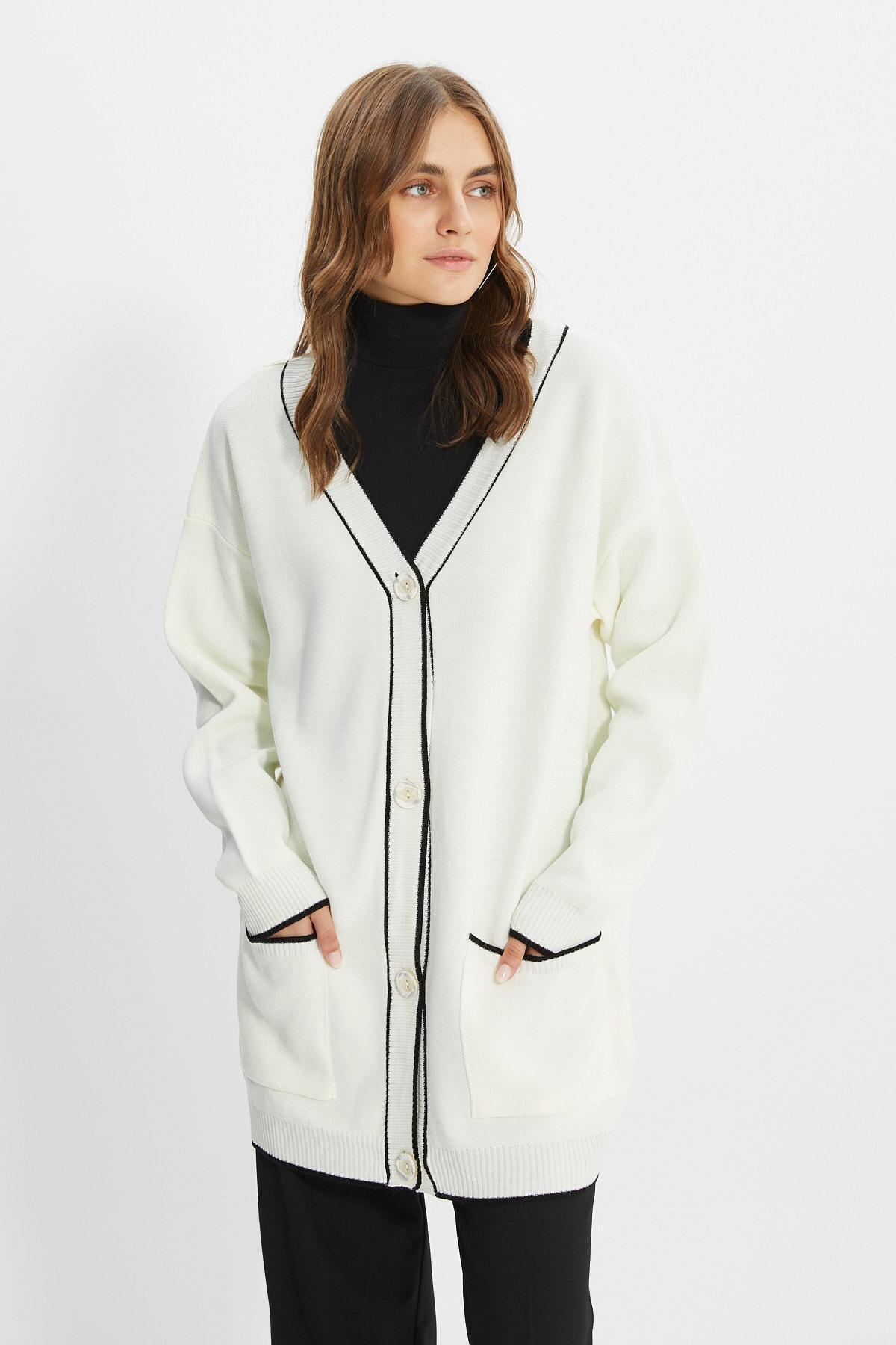 White Relaxed V Neck Cardigan, , large image number 0