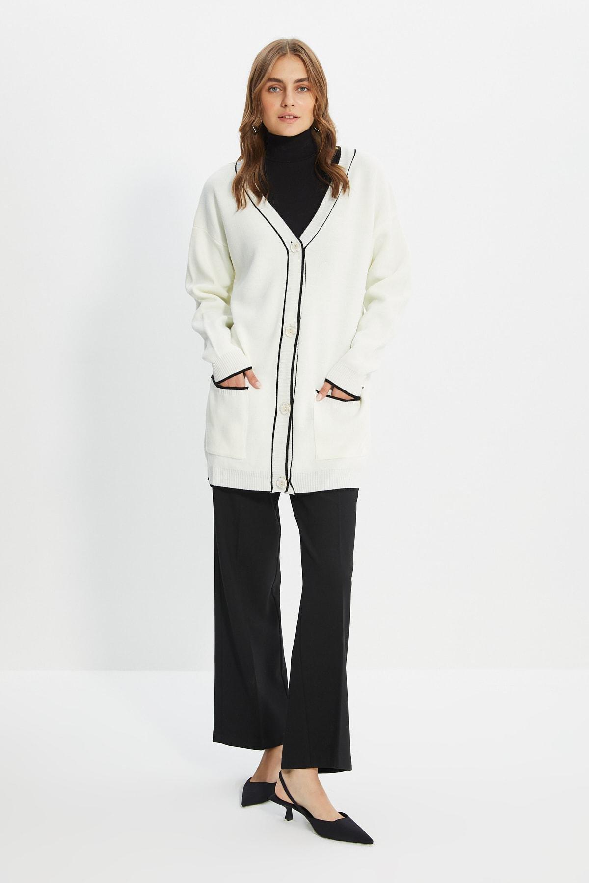 White Relaxed V Neck Cardigan, , large image number 1