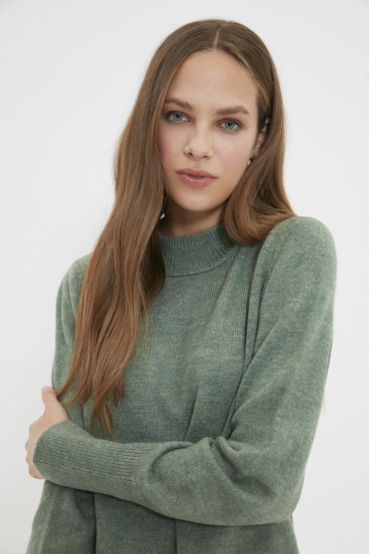 Green Stand-Up Collar Knitwear Sweater, , large image number 0