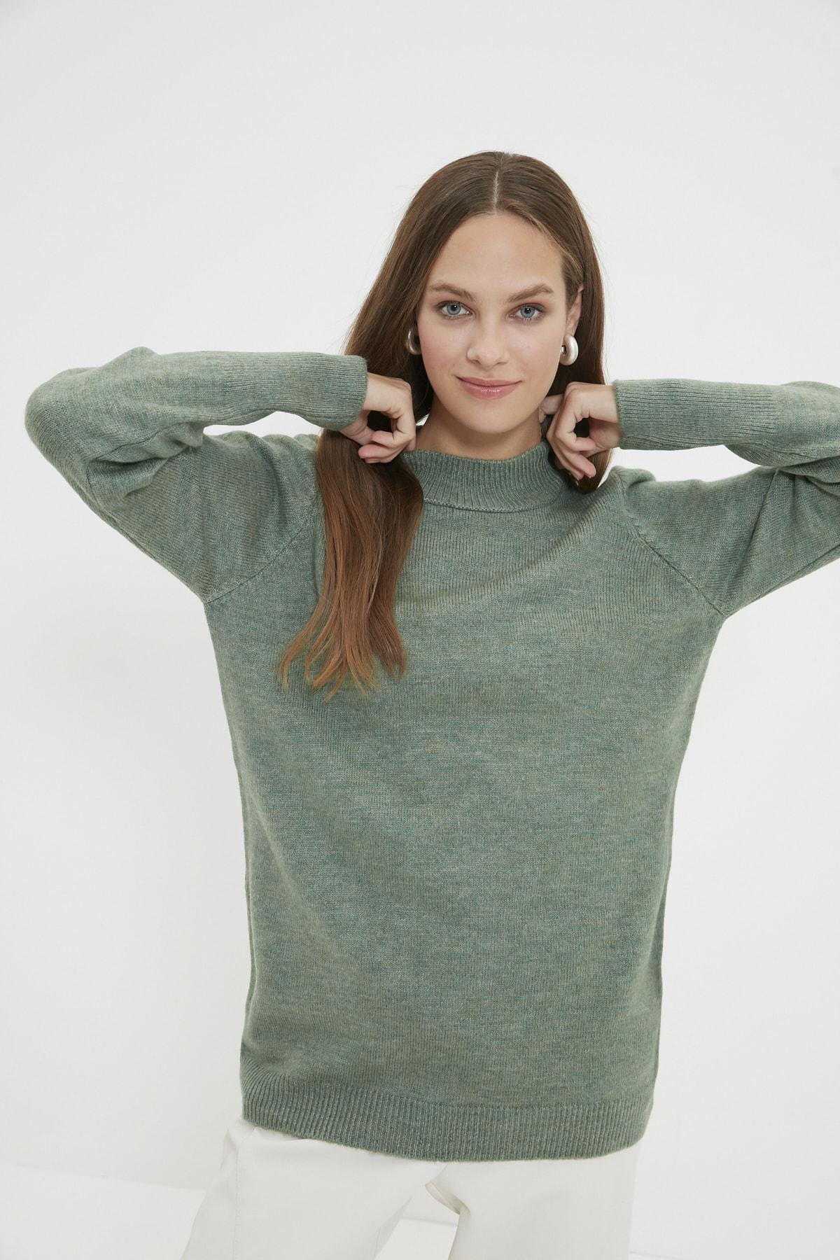 Green Stand-Up Collar Knitwear Sweater, , large image number 1