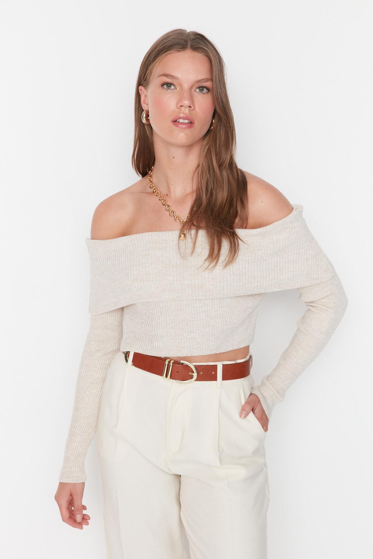 Beige Carmen Collar Sweater, , large image number 0