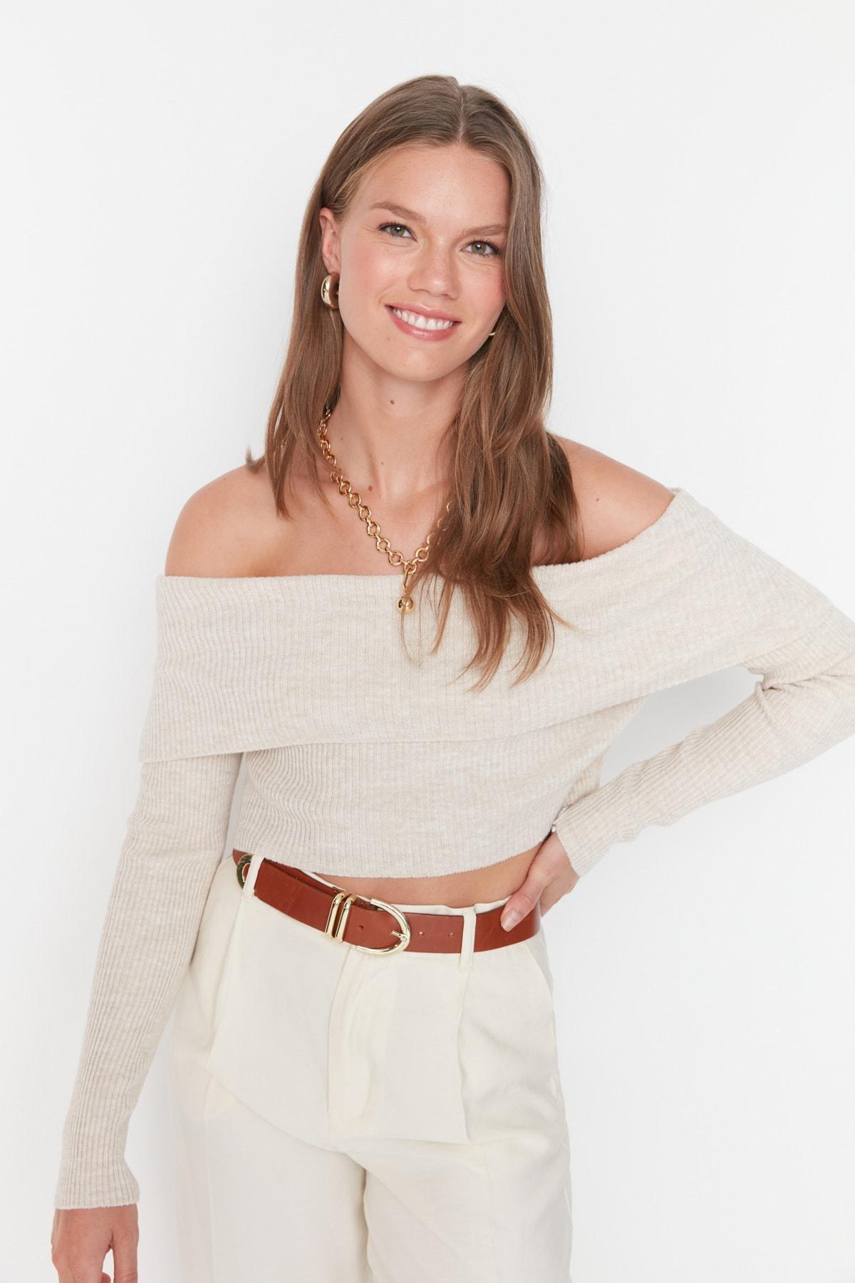 Beige Carmen Collar Sweater, , large image number 1