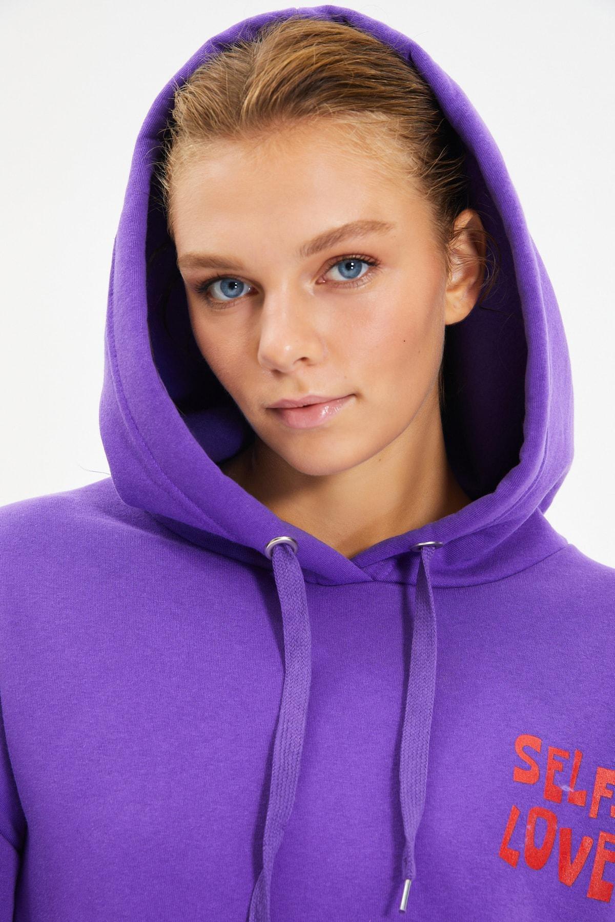 Trendyol Purple Oversize Printed Hooded Sweatshirt Azadea Qatar