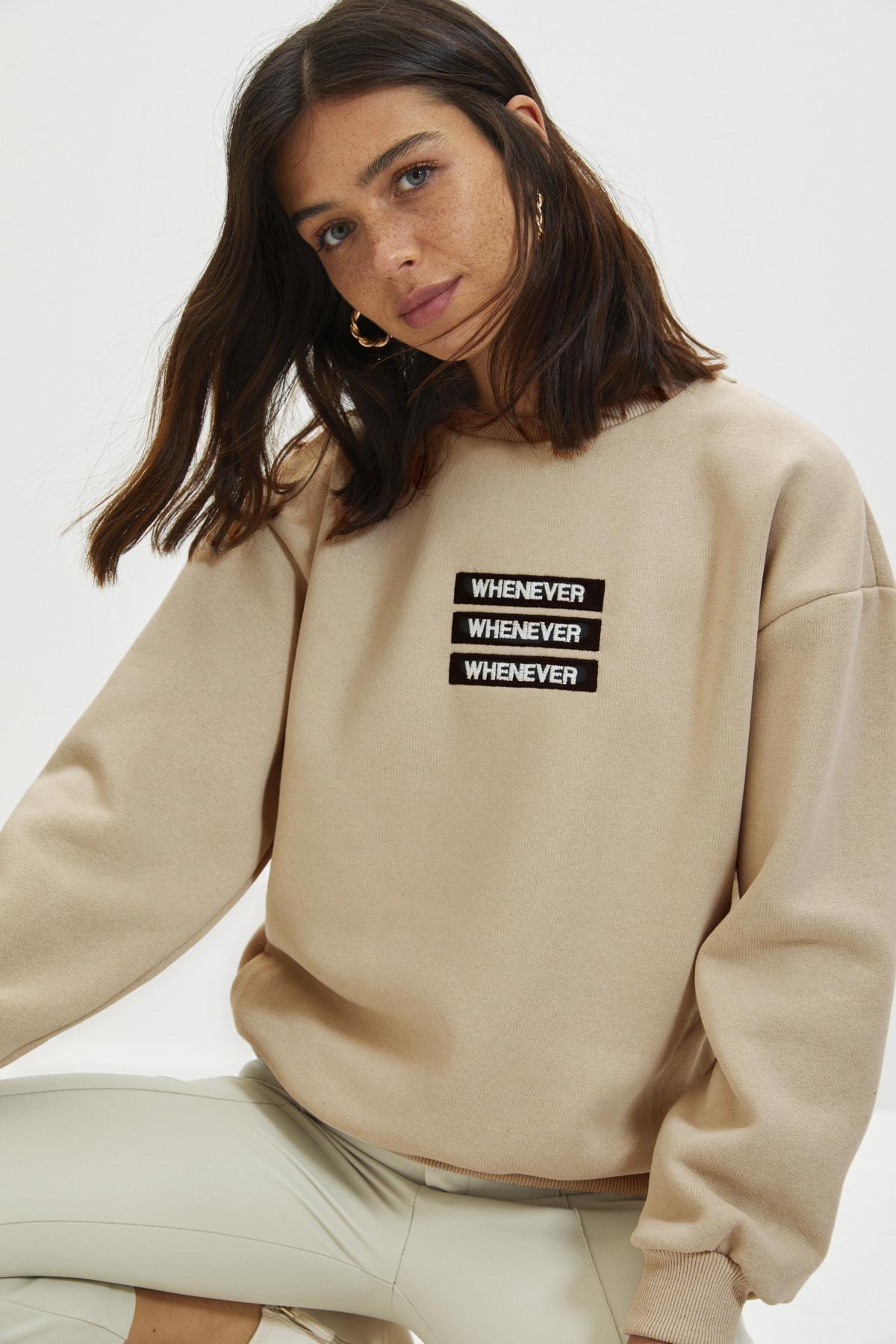 Beige Printed Crew Neck Sweatshirt, , large image number 0