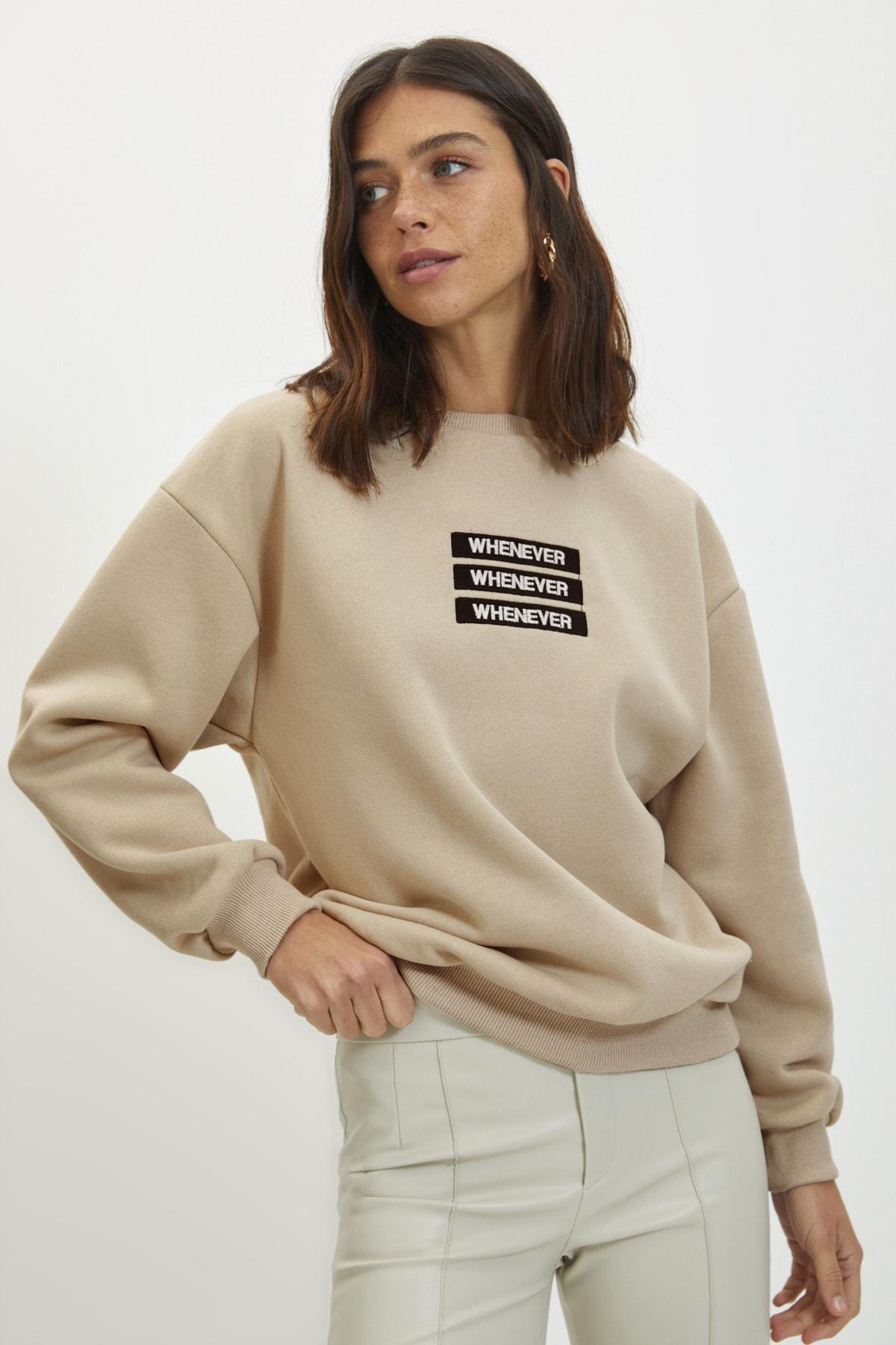 Beige Printed Crew Neck Sweatshirt, , large image number 1