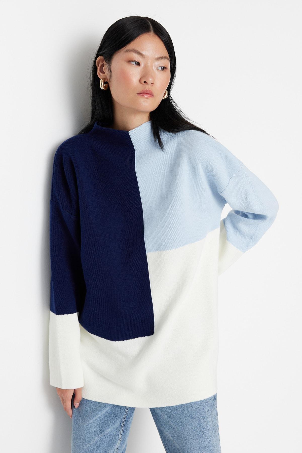 Blue Colourblock Crew Neck Sweater, Blue, medium