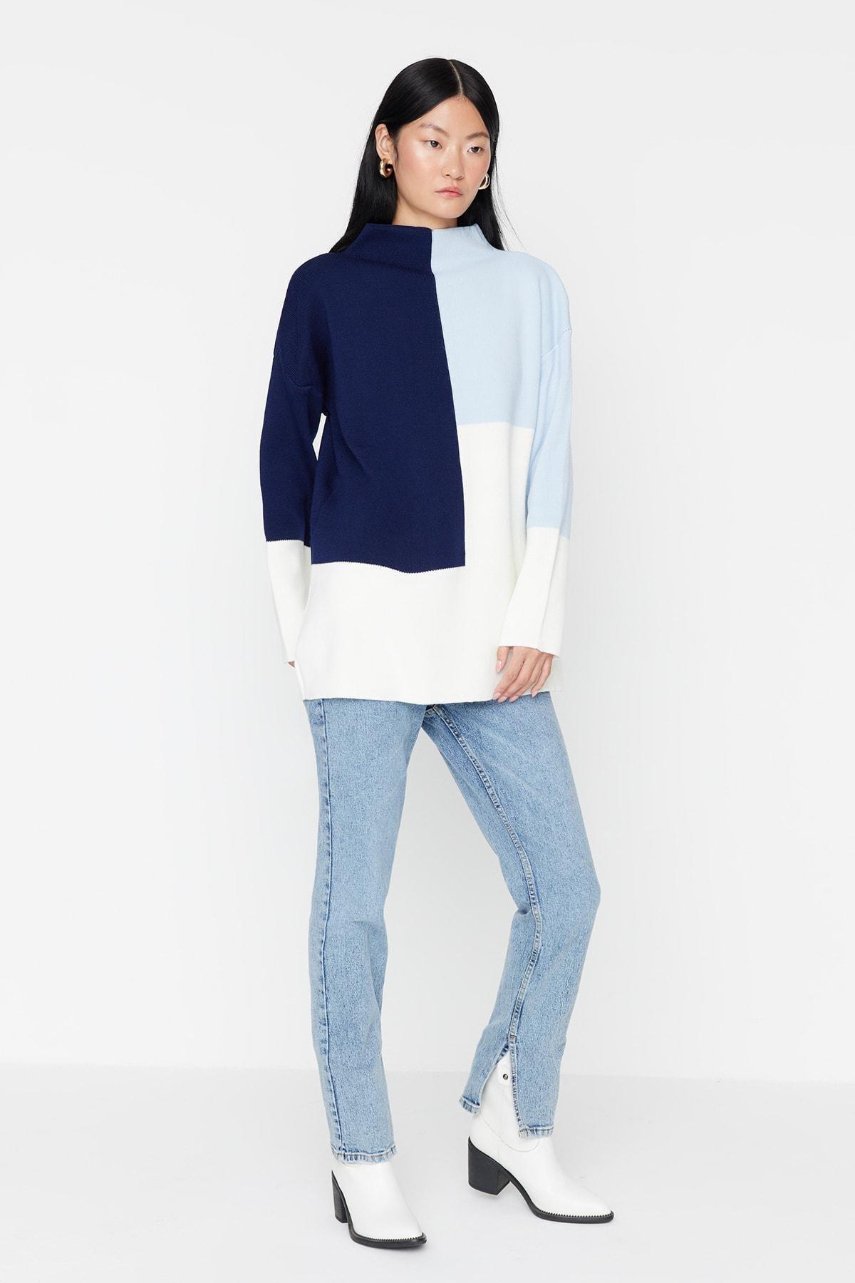 Blue Colourblock Crew Neck Sweater, Blue, medium