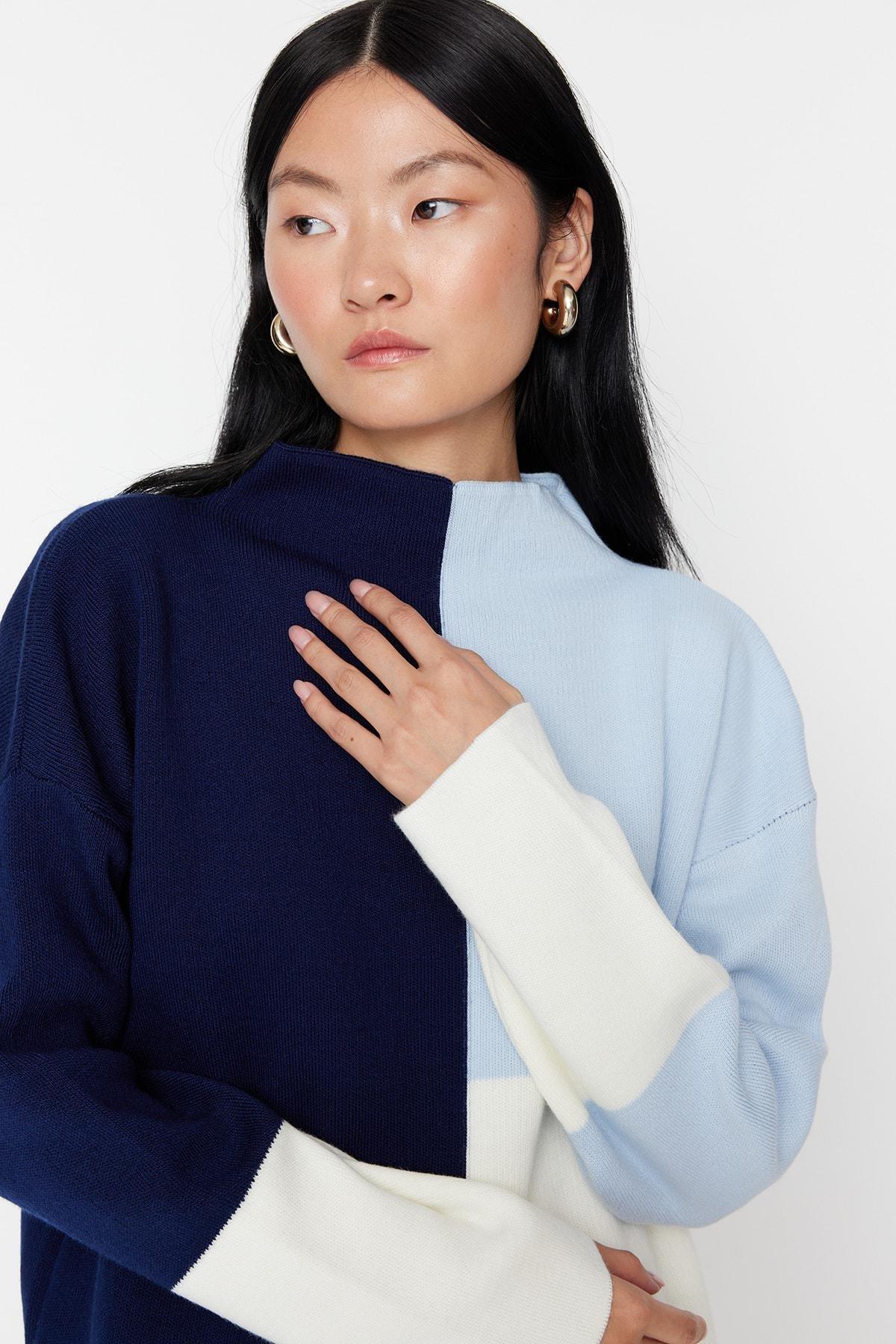 Blue Colourblock Crew Neck Sweater, Blue, large image number 3