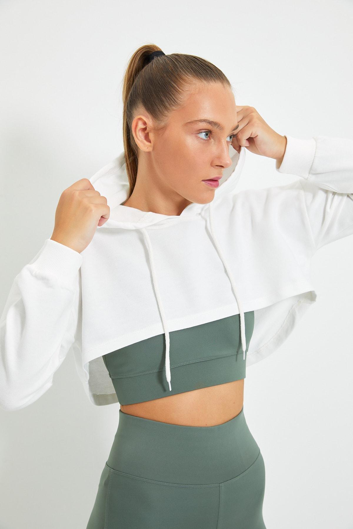 White Crop Hoodie Sports Sweatshirt, , large image number 0