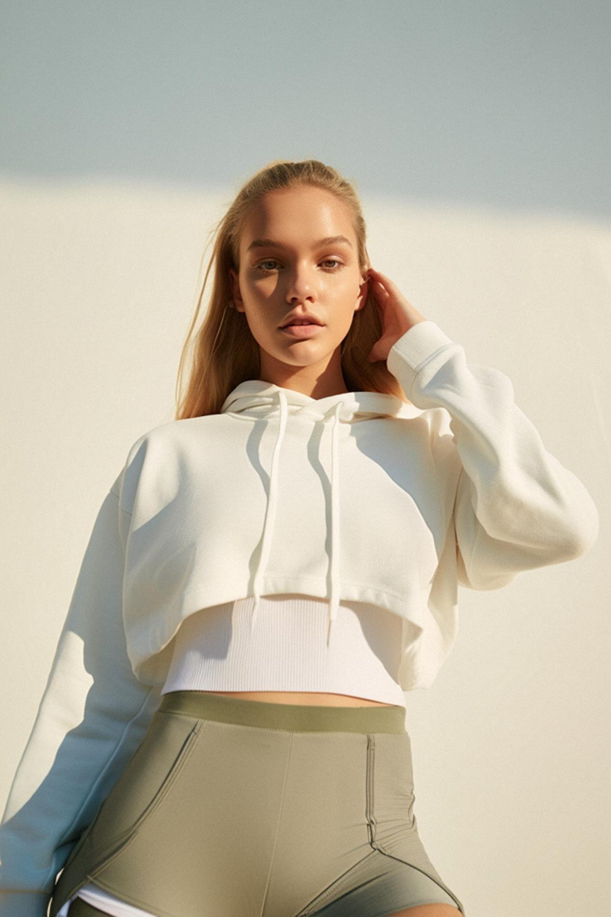 White Crop Hoodie Sports Sweatshirt, , large image number 2