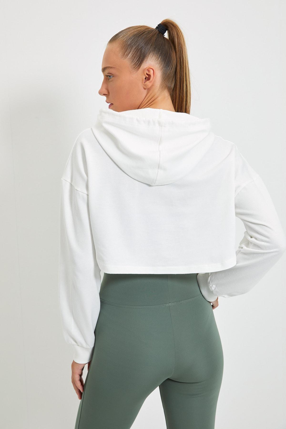 Trendyol - White Crop Hoodie Sports Sweatshirt