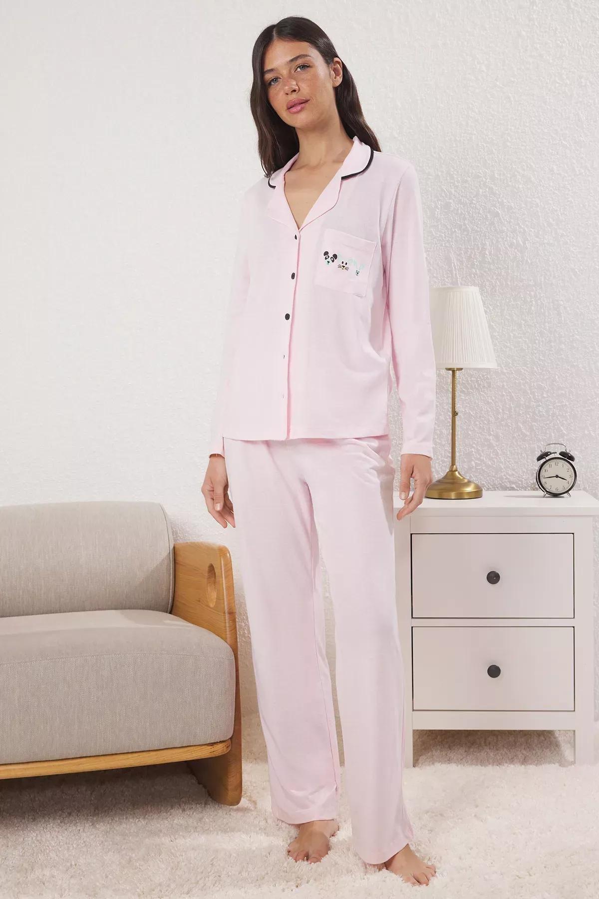 Pink Pocket Print Pajama Set, Pink, medium