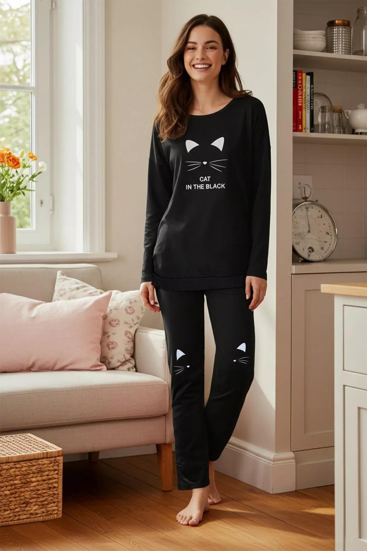 Black Printed Mid Waist Pajama Set, Black, large image number 1
