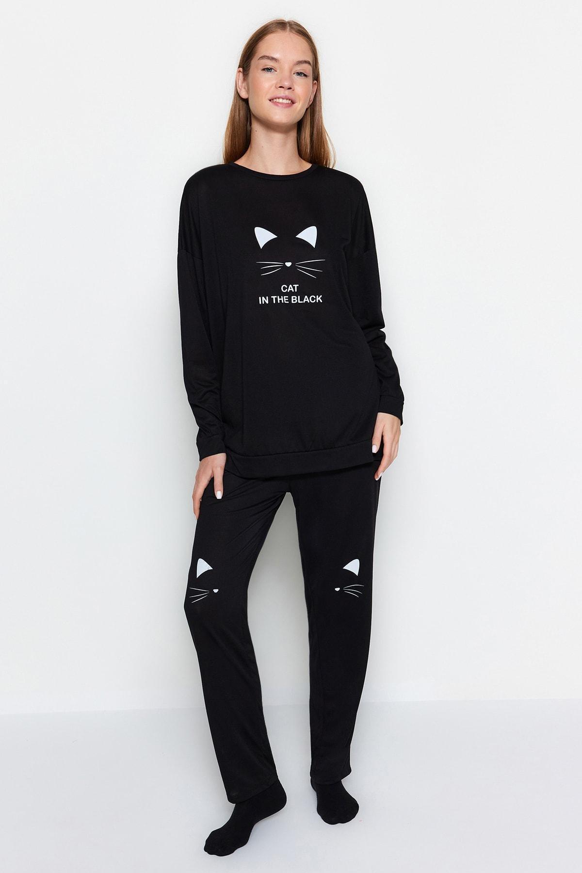 Black Printed Mid Waist Pajama Set, Black, large image number 3