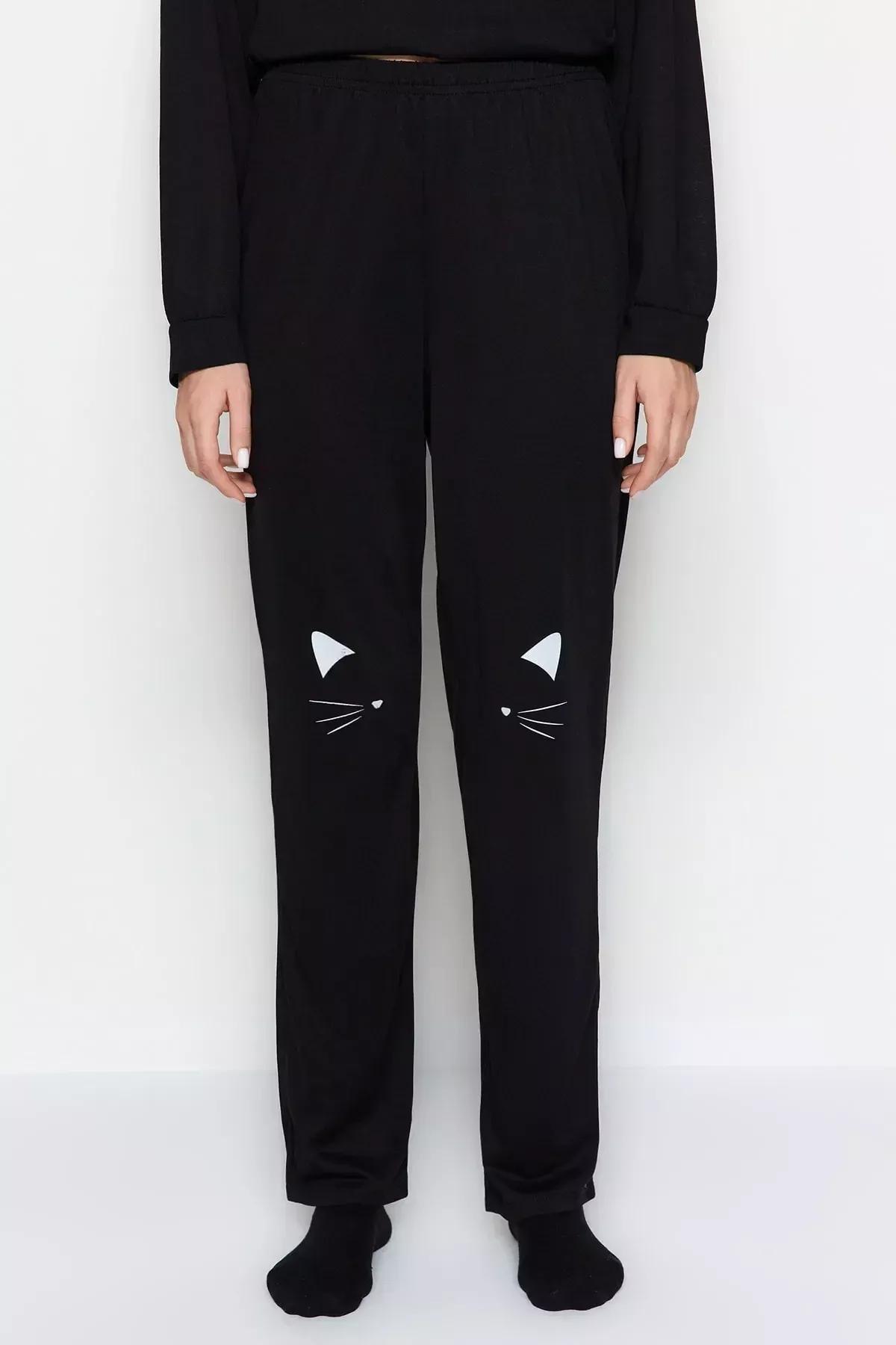 Black Printed Mid Waist Pajama Set, Black, large image number 6